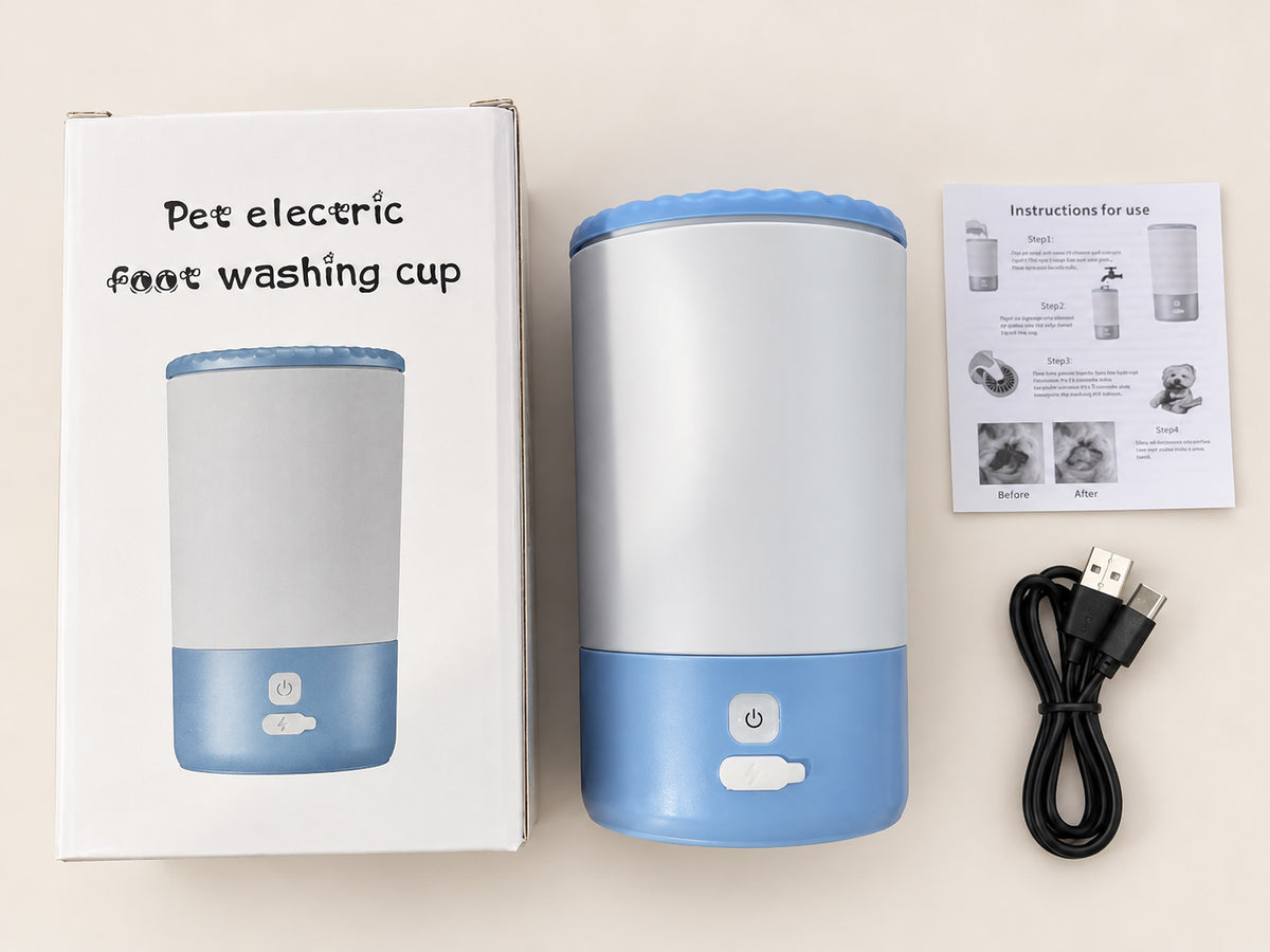 Electric dog paw cleaner with original retail box, USB-C charging cable and English user manual.