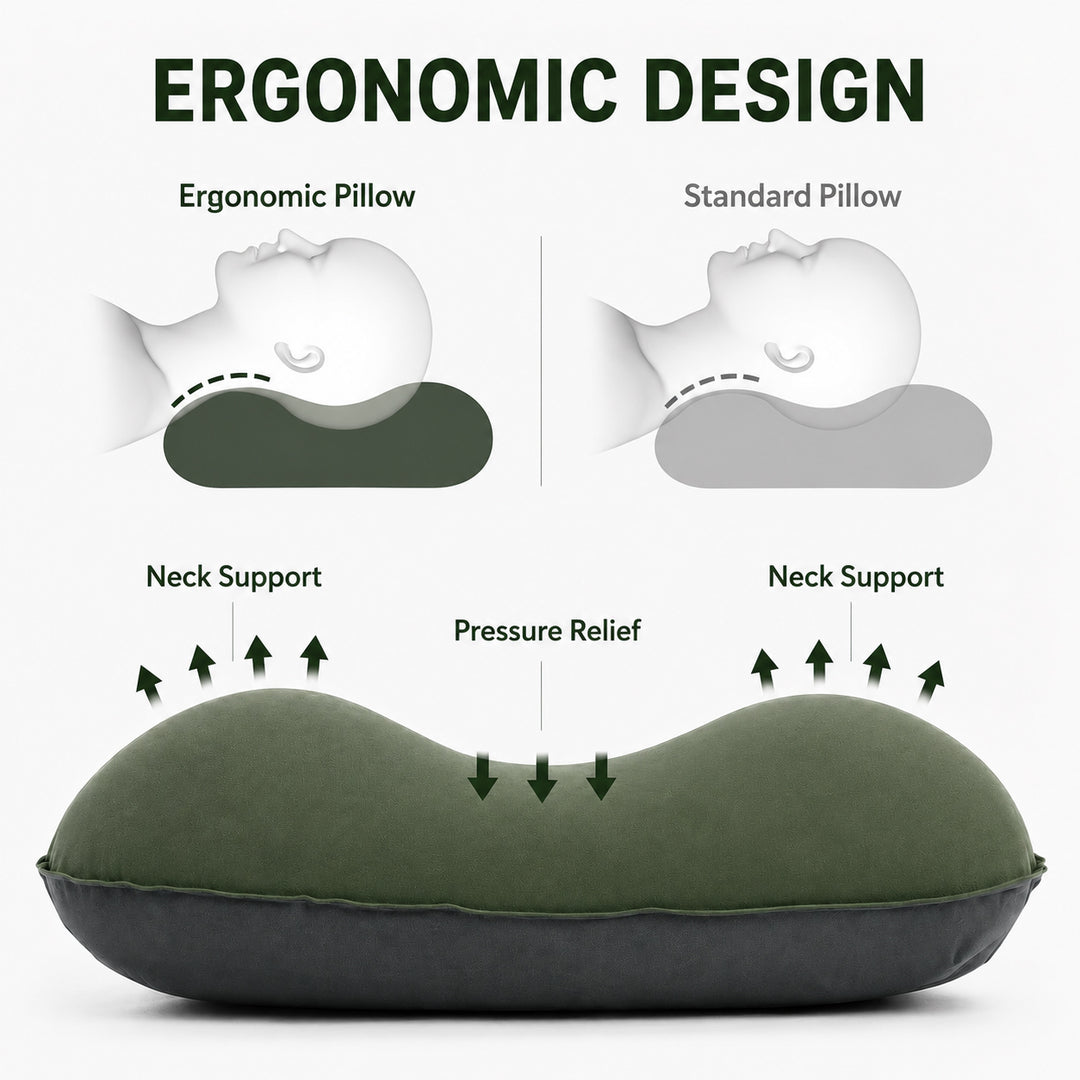 Ergonomic inflatable camping pillow with neck support and pressure relief design