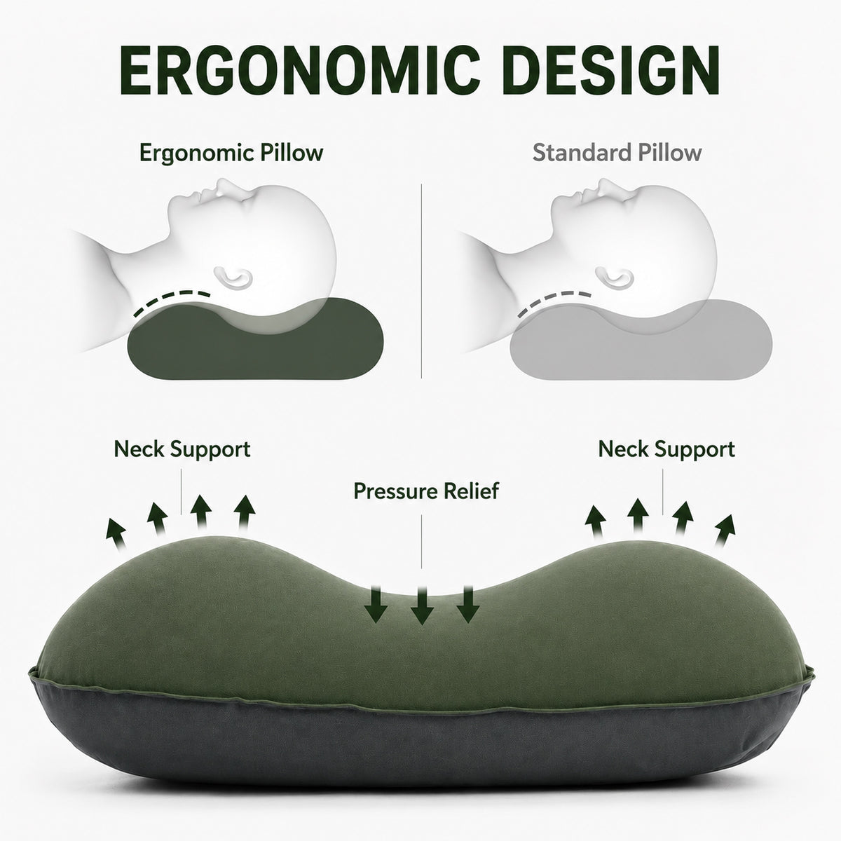 Ergonomic inflatable camping pillow with neck support and pressure relief design