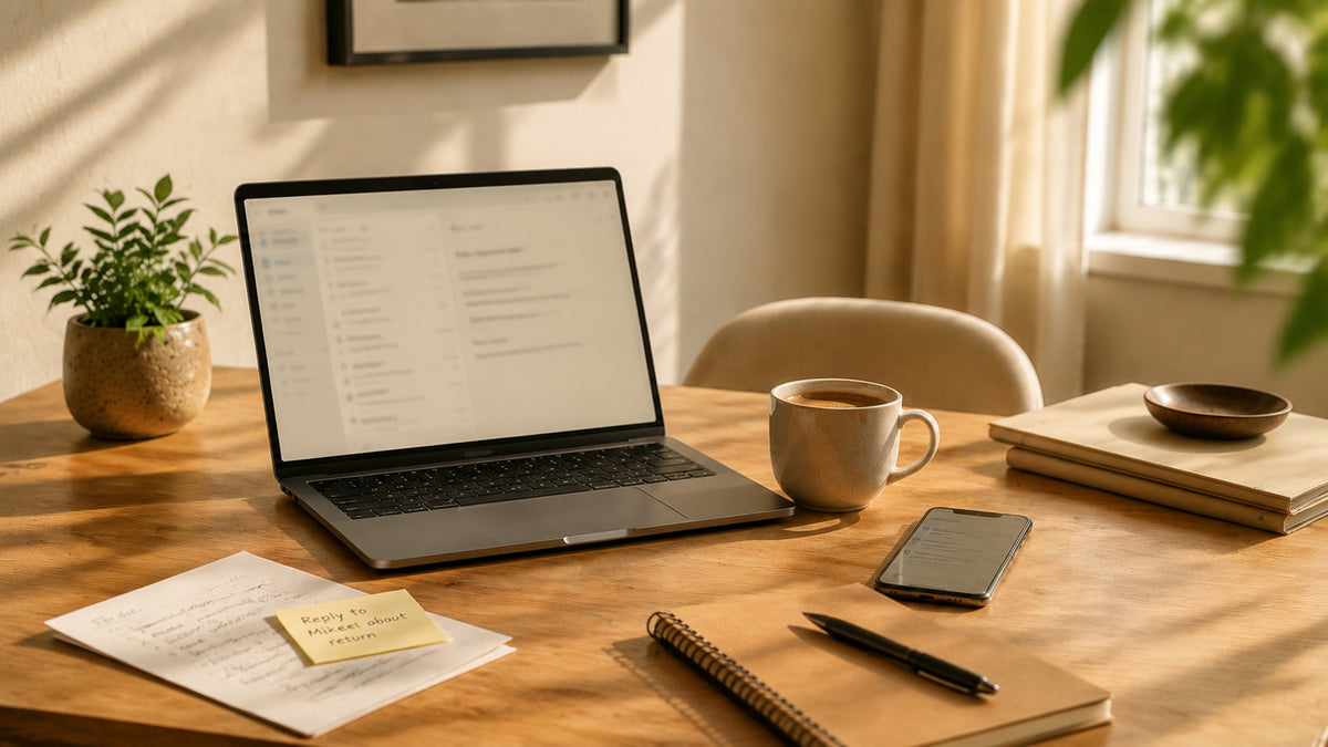 Warm customer support workspace with laptop, phone and coffee for ROVYRO customer assistance