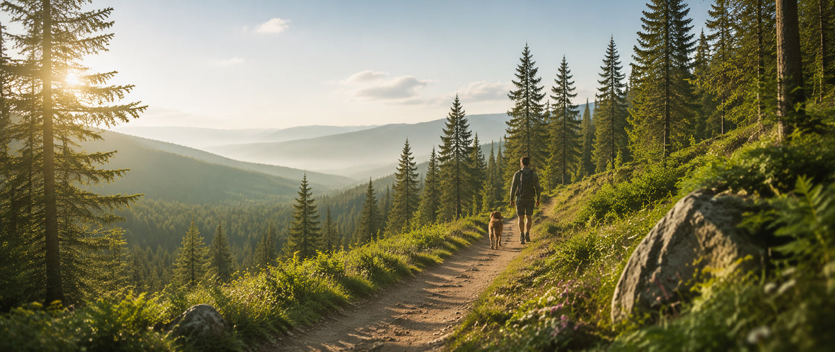 Forest Trail with Hiker and Dog – ROVYRO FAQ Hero Banner
