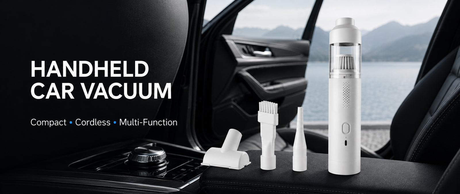 Handheld cordless car vacuum with cleaning accessories inside a vehicle