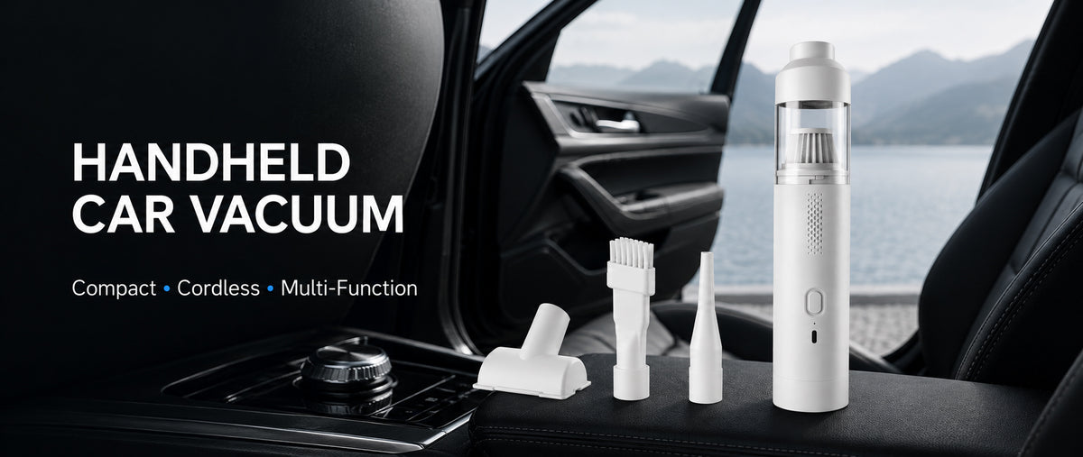 Handheld cordless car vacuum with cleaning accessories inside a vehicle