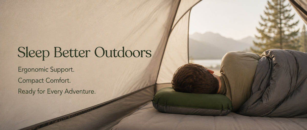Person sleeping in a tent with a scenic view, promoting ergonomic support and comfort.