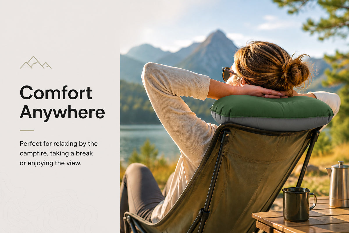 Inflatable camping pillow providing neck support while relaxing outdoors