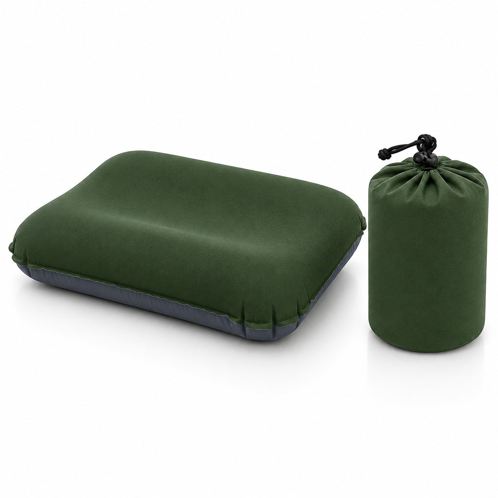Green inflatable camping pillow with storage bag for camping and travel