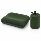 Green inflatable camping pillow with storage bag for camping and travel