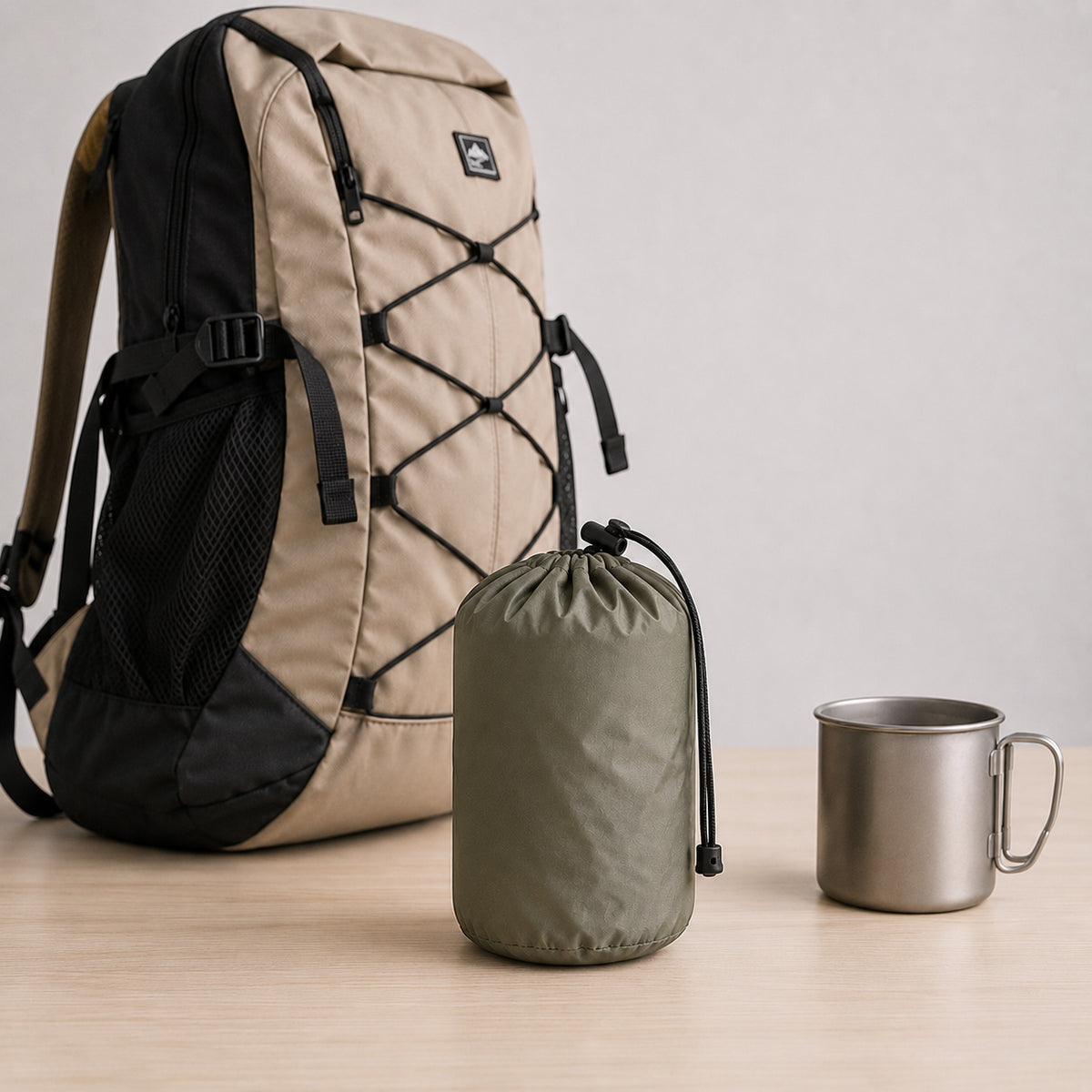 Inflatable camping pillow packed in a compact storage bag beside a hiking backpack