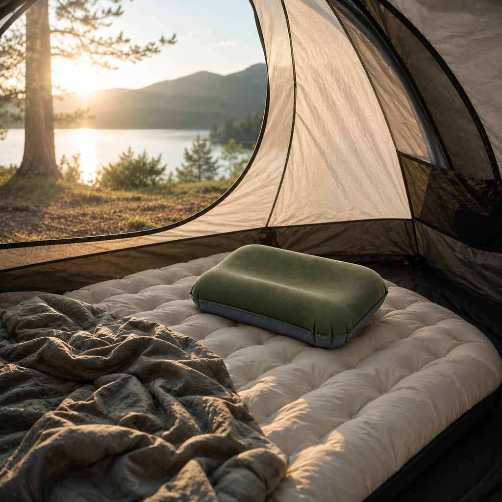 Inflatable camping pillow inside a tent on a sleeping pad during a camping trip