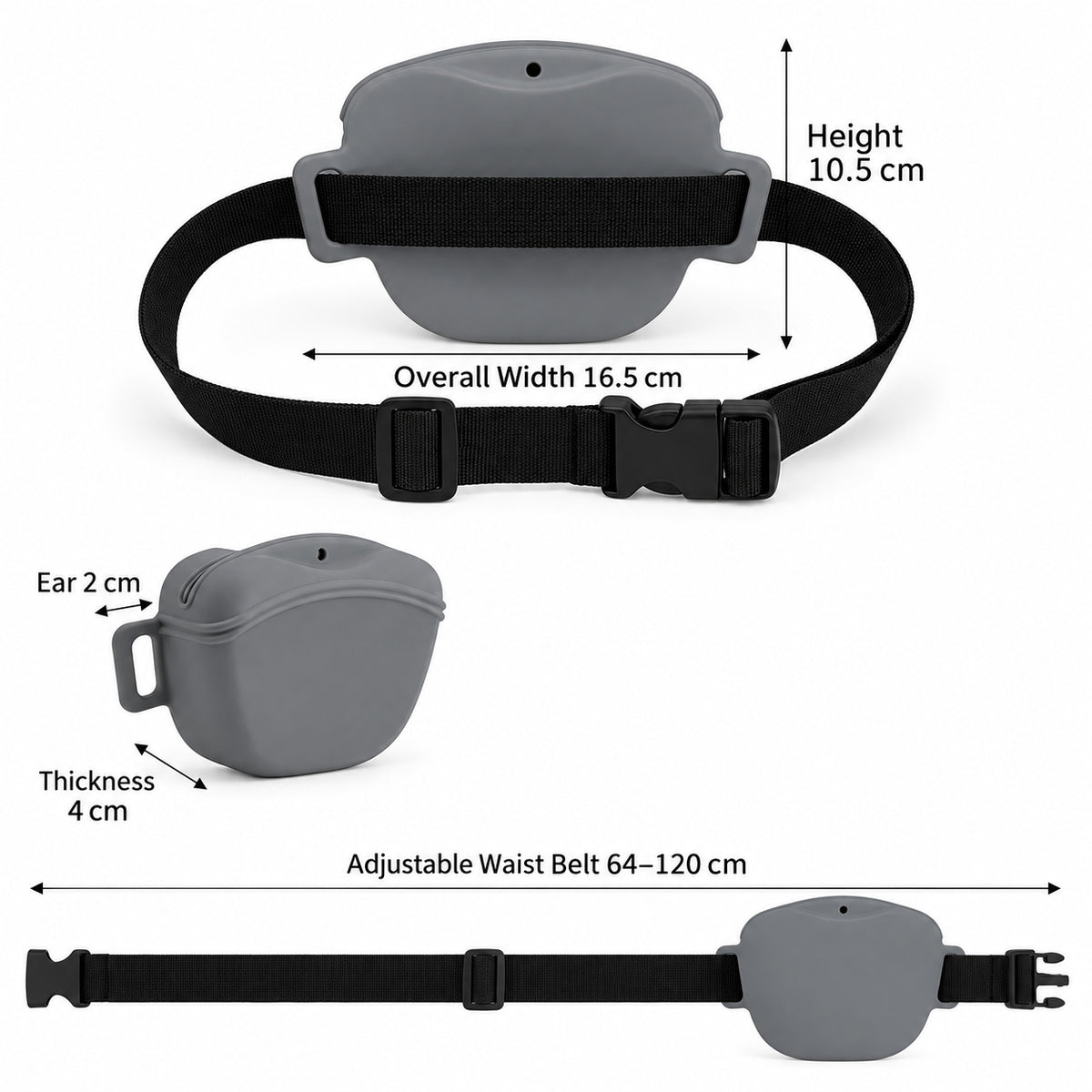 Magnetic Silicone Dog Treat Pouch Size Guide with 64–120 cm Adjustable Waist Belt