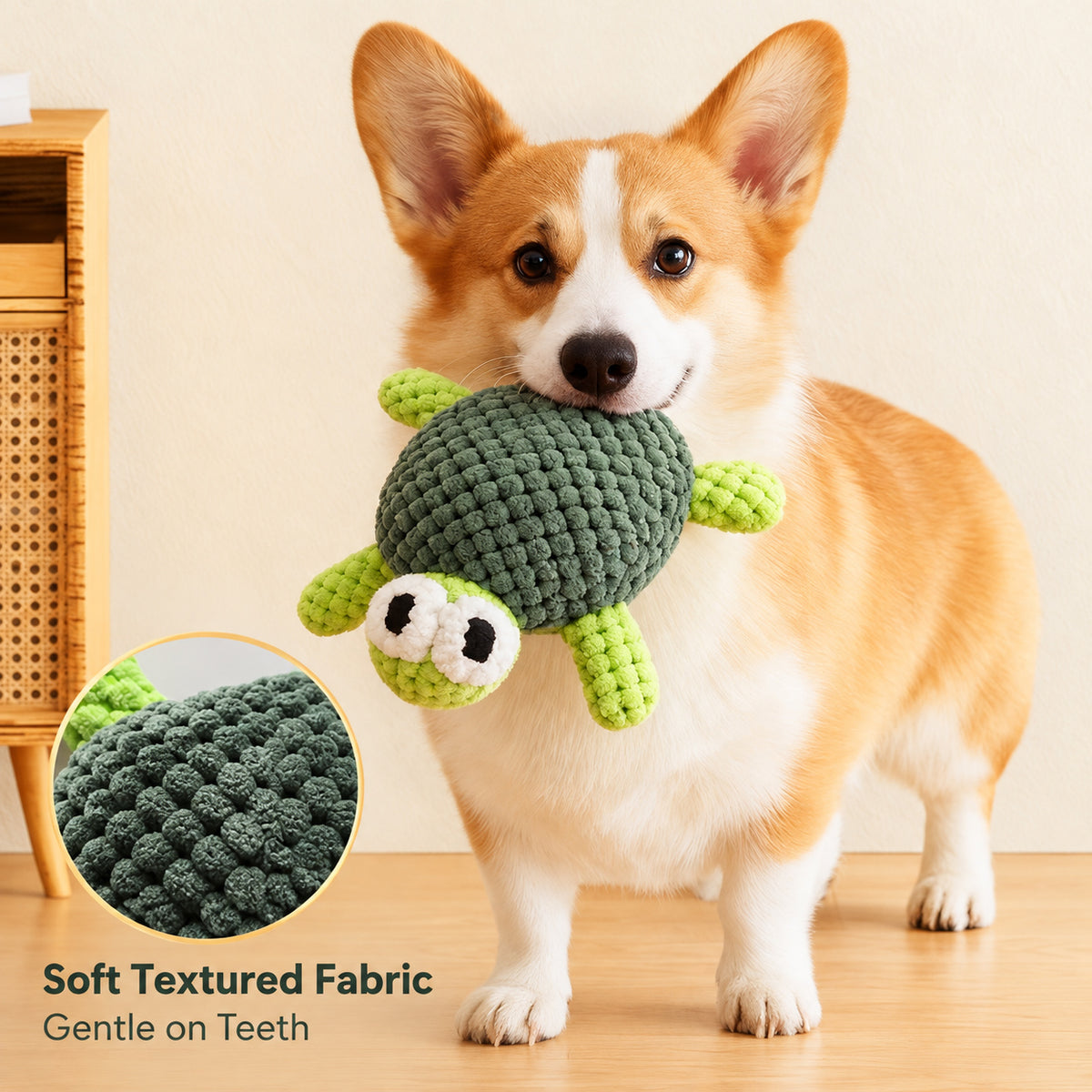 Corgi holding an ocean squeaky dog toy with soft textured fabric