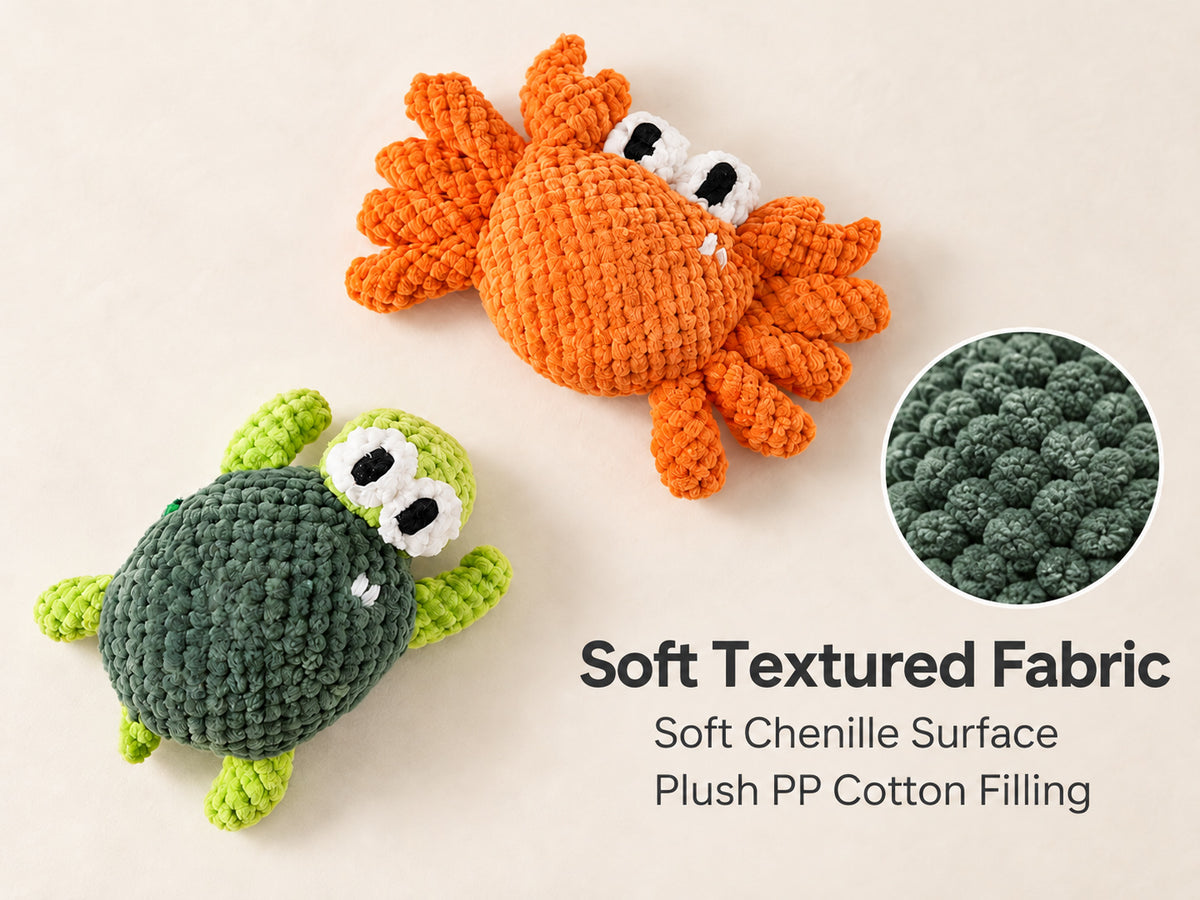 Crab and turtle squeaky dog toys with close-up of soft textured fabric