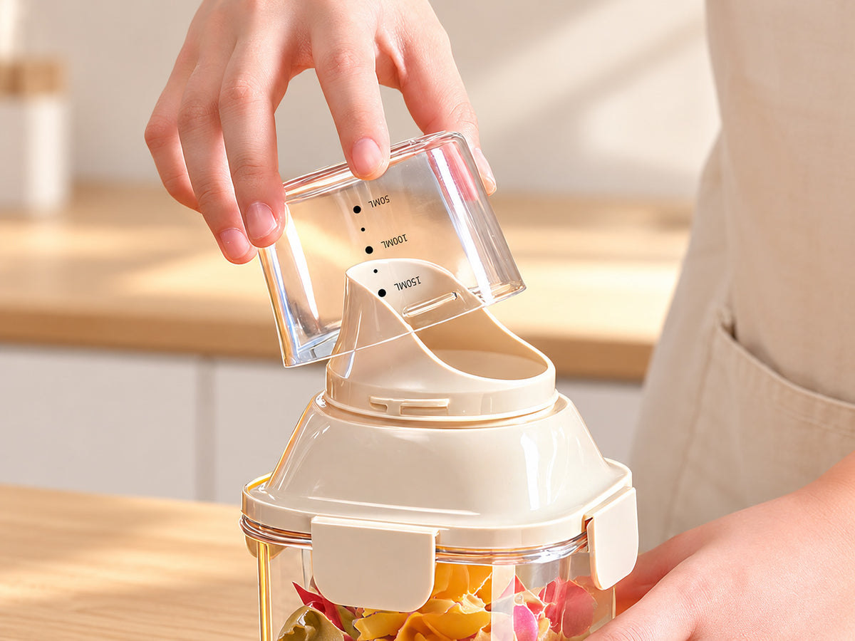 Detachable 150ml measuring cup being removed from a portable airtight pet food container