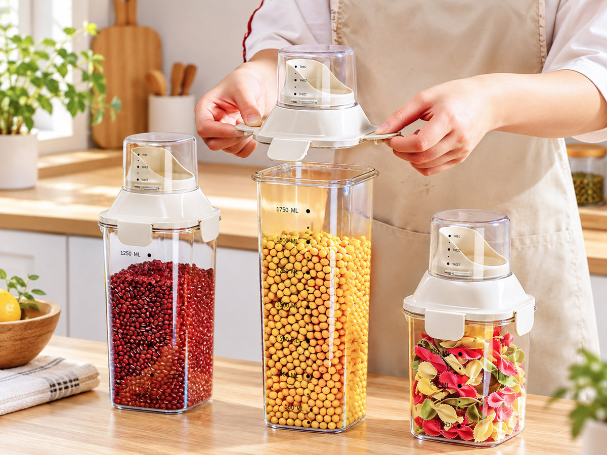 Hands securing the four-side locking lid on a portable airtight pet food container.