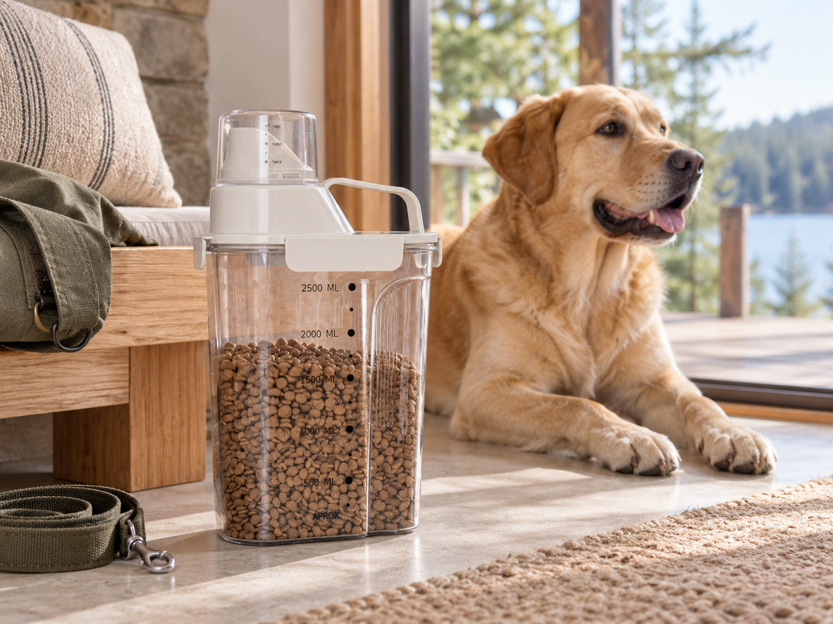 3L portable airtight pet food container with dog in a modern lakeside cabin