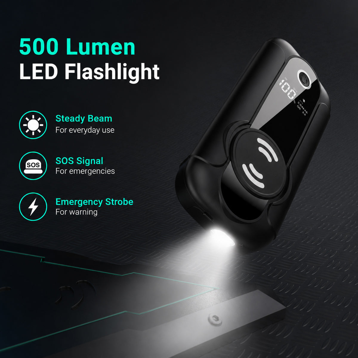 Portable car jump starter with 500 lumen LED flashlight for emergency lighting
