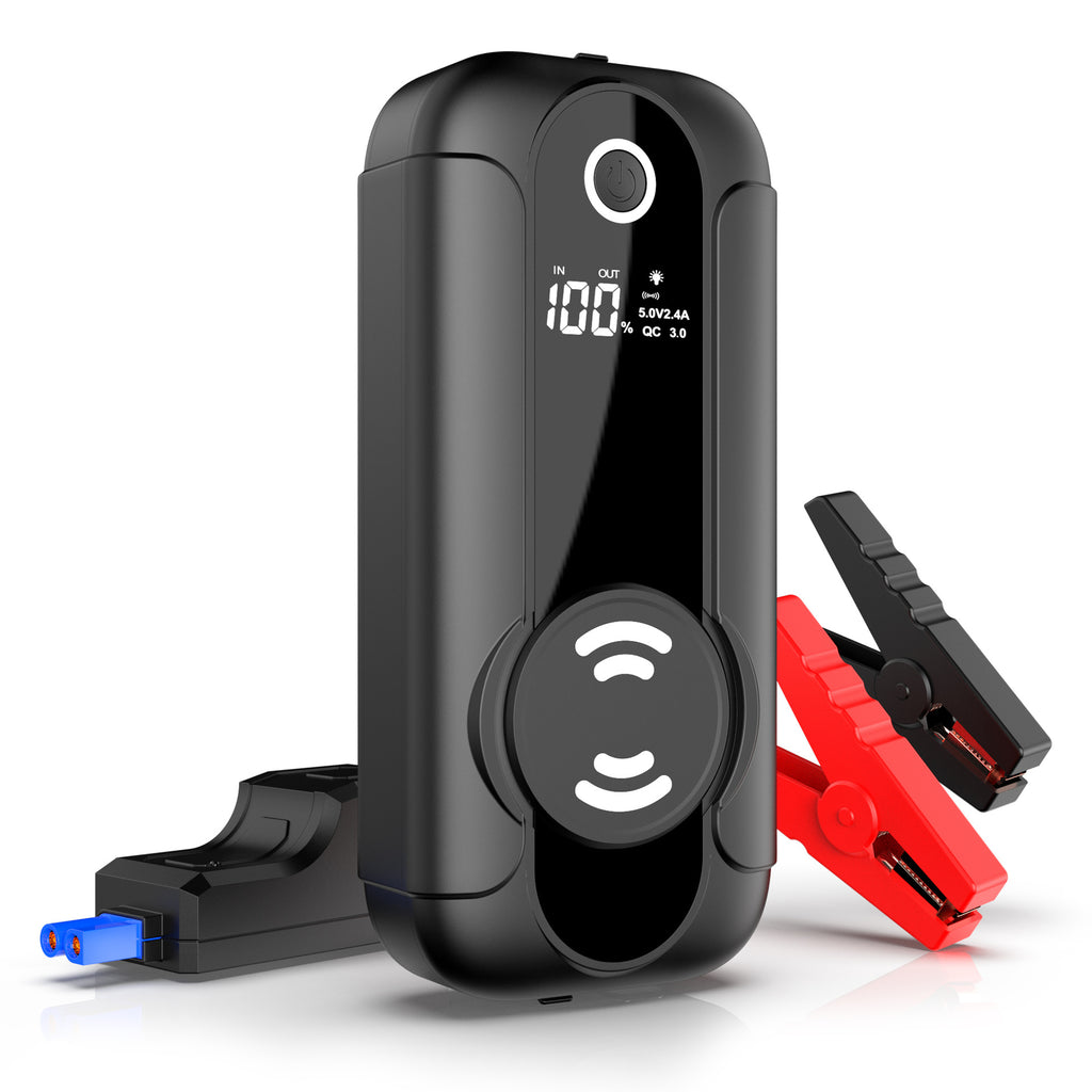 Portable 4000A car jump starter with wireless charging and battery clamps