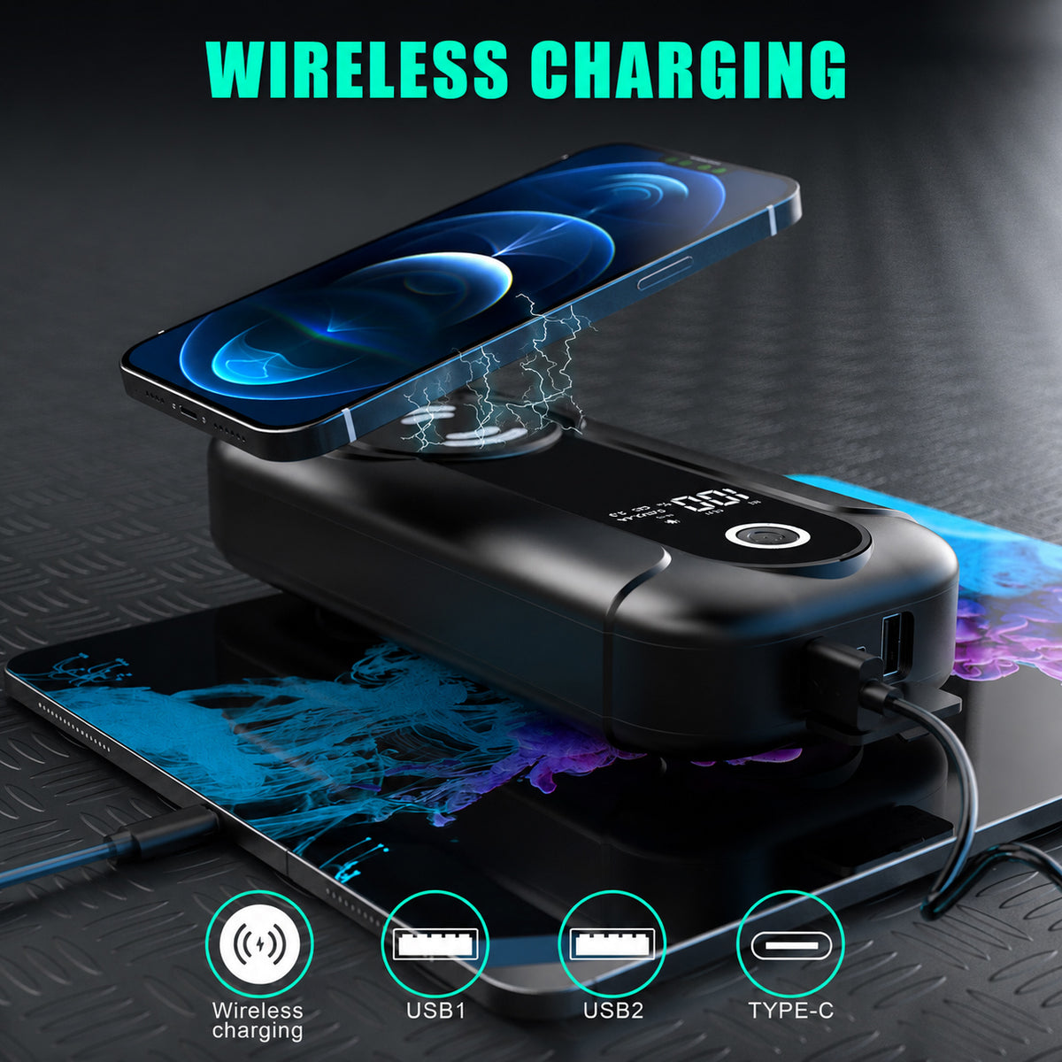 Portable car jump starter with wireless charging, USB outputs and Type-C charging for mobile devices