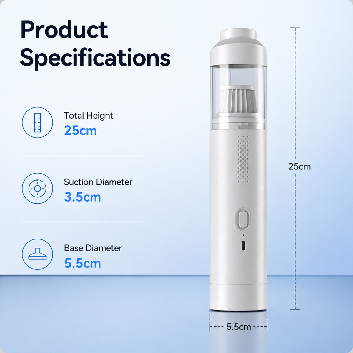 Portable car vacuum cleaner dimensions and product specifications