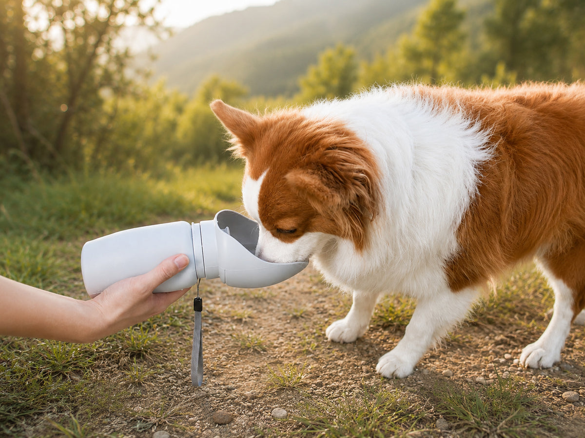 Dog drinking water from a portable dog water bottle during an outdoor walk