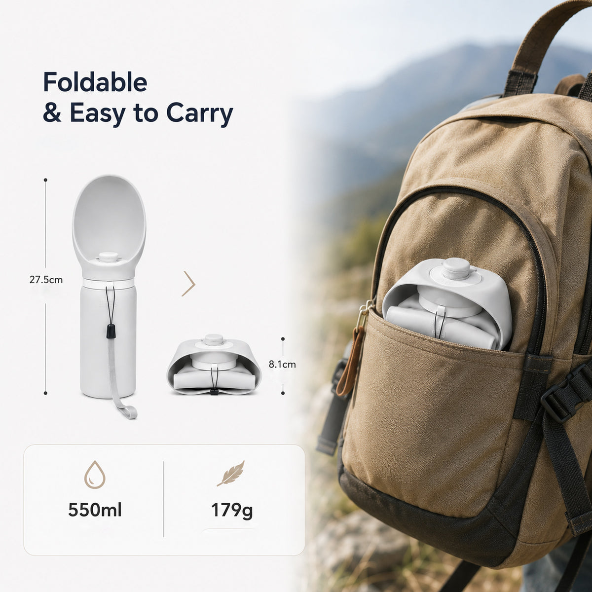 Foldable portable dog water bottle with 550ml capacity and lightweight travel-friendly design
