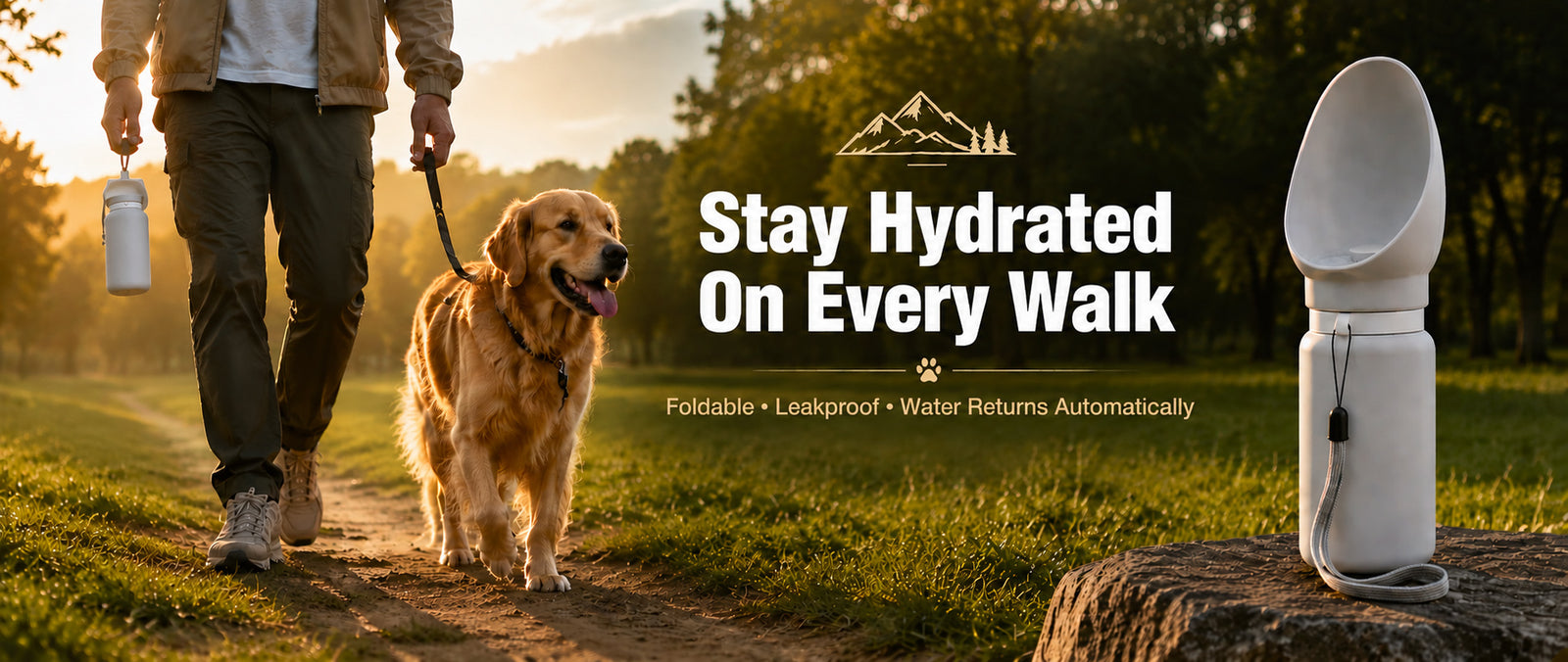 Golden retriever on a walk with a portable dog water bottle for outdoor hydration