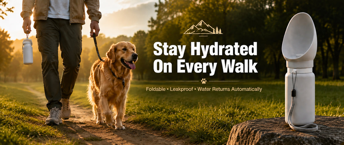 Golden retriever on a walk with a portable dog water bottle for outdoor hydration