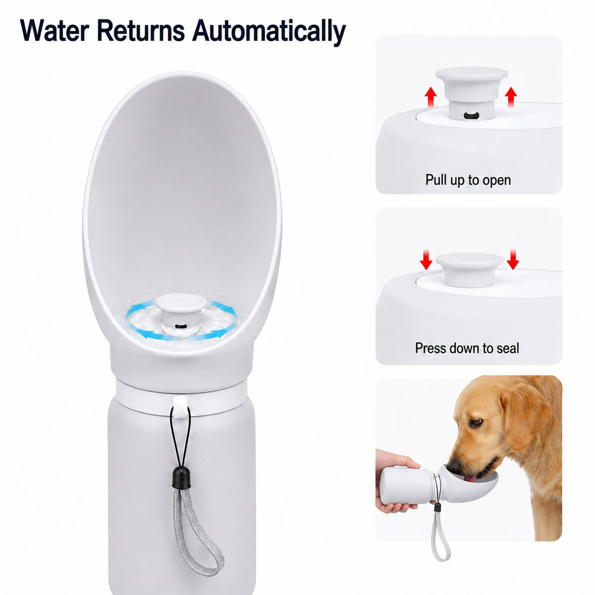Portable dog water bottle with automatic water return system and leakproof design
