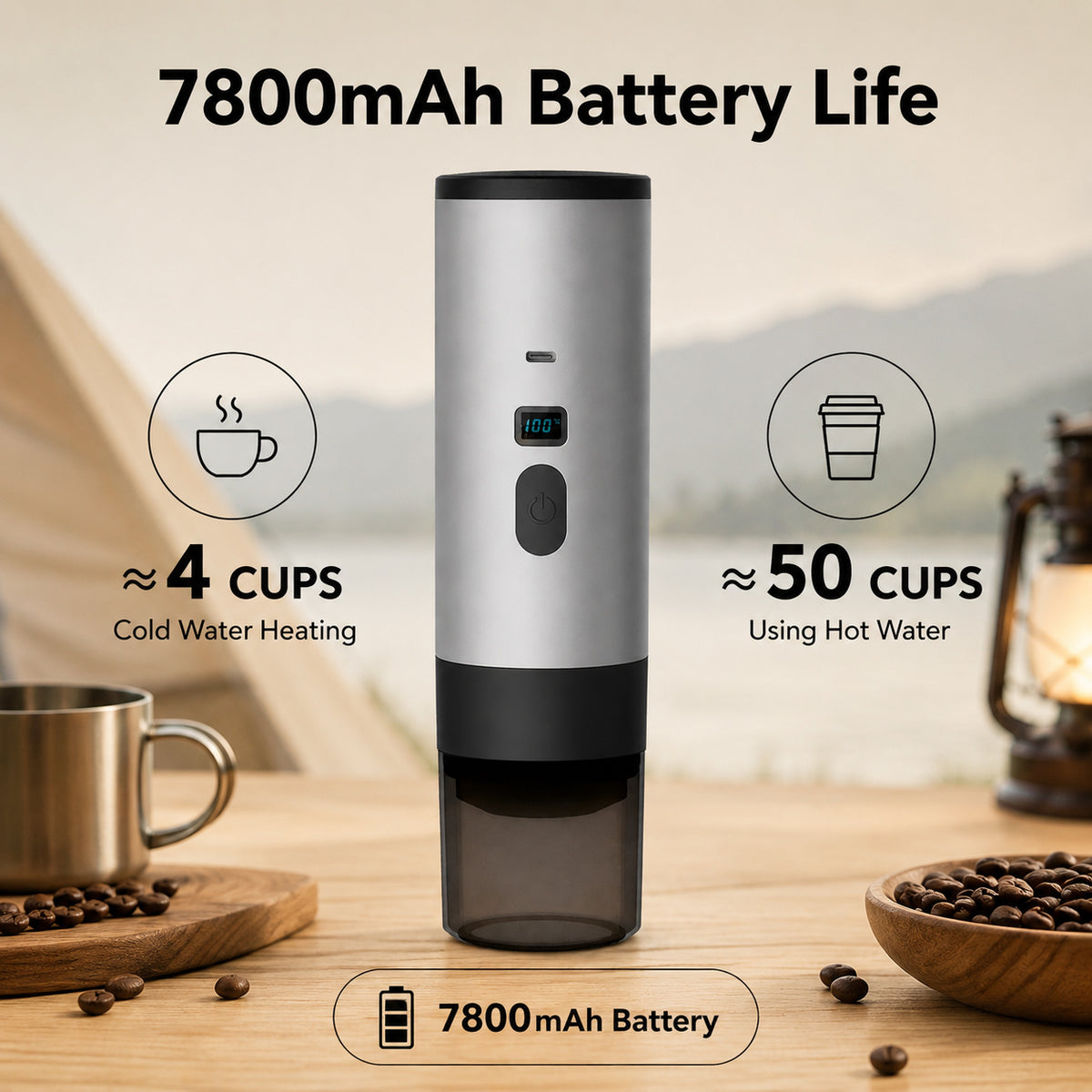 Portable espresso maker with 7800mAh rechargeable battery for travel, camping and outdoor coffee brewing