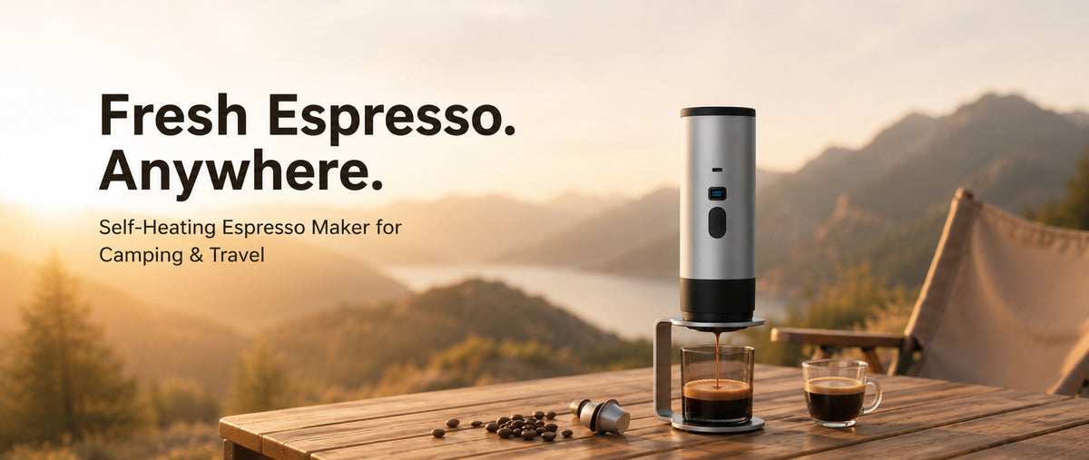 Portable self-heating espresso maker brewing fresh coffee on a camping table with mountain sunrise background