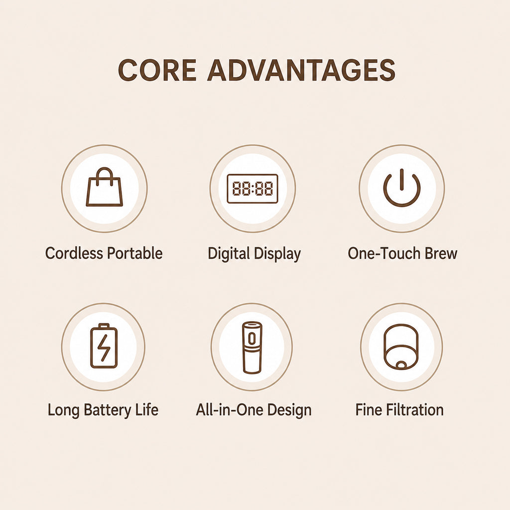 Portable espresso maker core advantages including cordless portability, digital display, one-touch brewing, long battery life, all-in-one design and fine filtration
