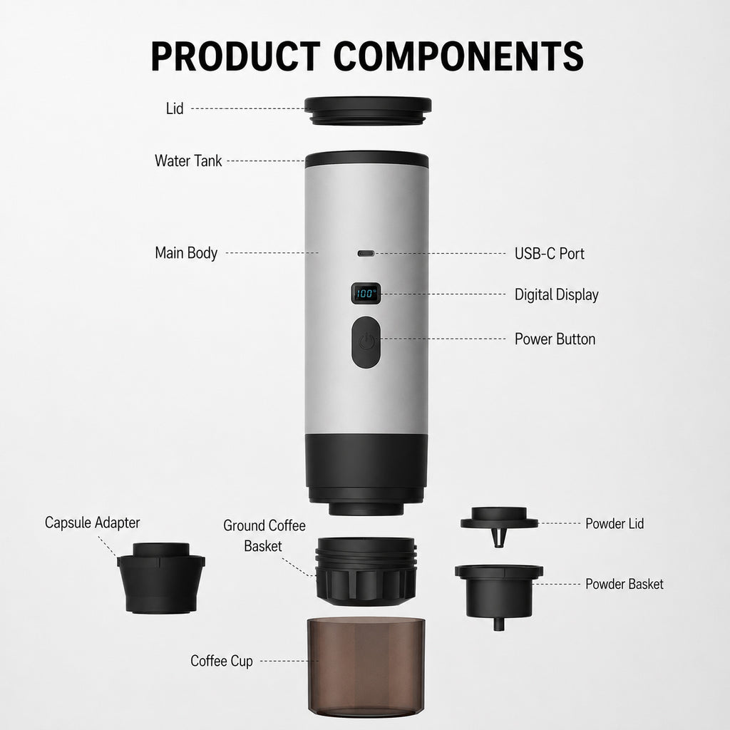 Portable espresso maker product components including water tank, USB-C port, digital display, capsule holder and coffee cup