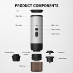 Portable espresso maker product components including water tank, USB-C port, digital display, capsule holder and coffee cup