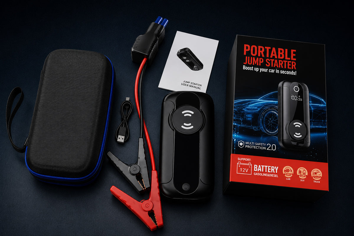Portable jump starter package contents including carrying case jumper cables charging cable user manual and jump starter