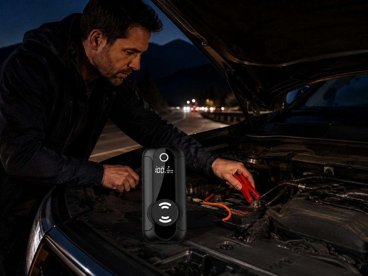Portable jump starter used during a nighttime roadside battery emergency