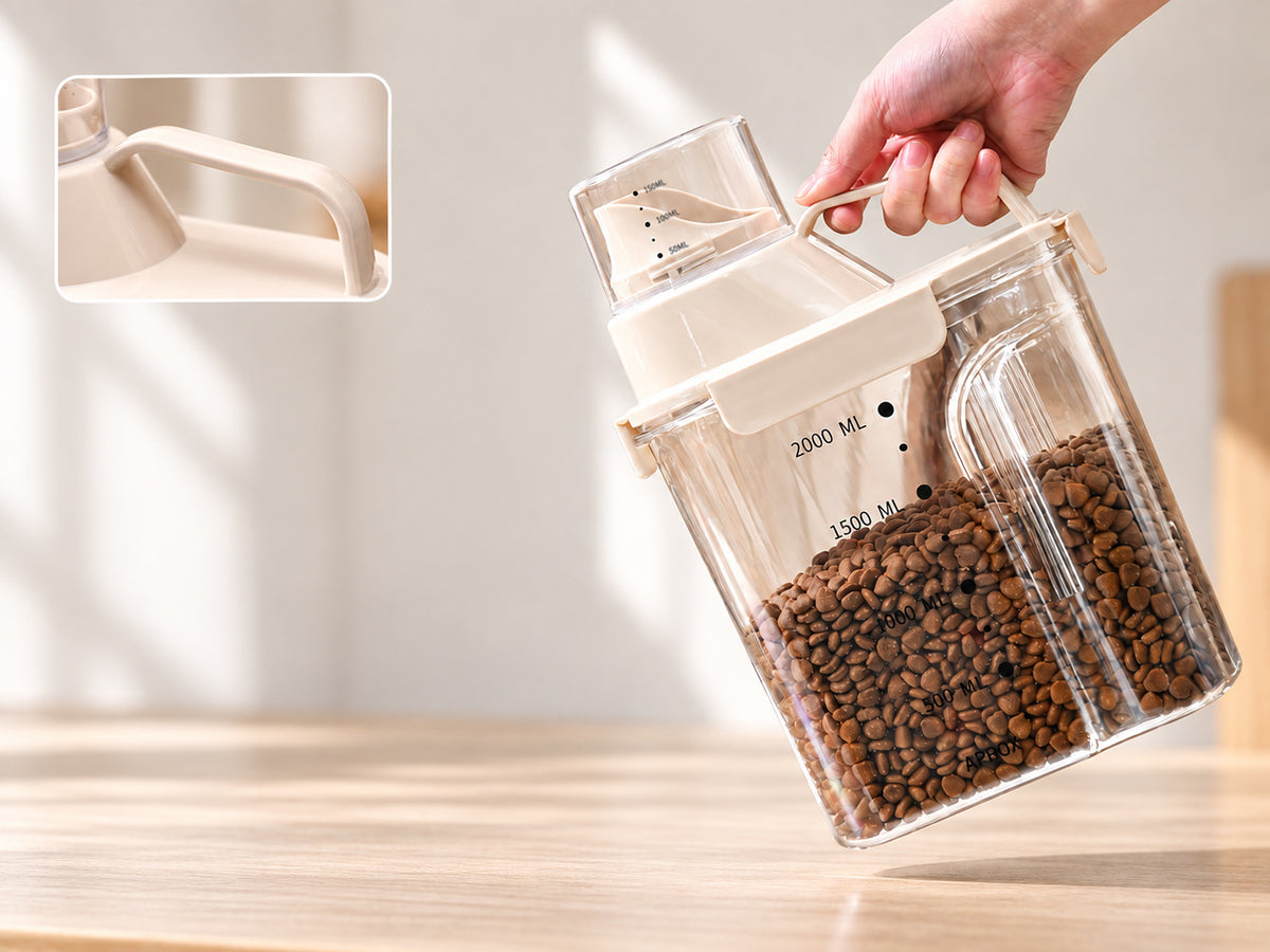 Portable airtight pet food container with a wide handle for easy carrying and storage
