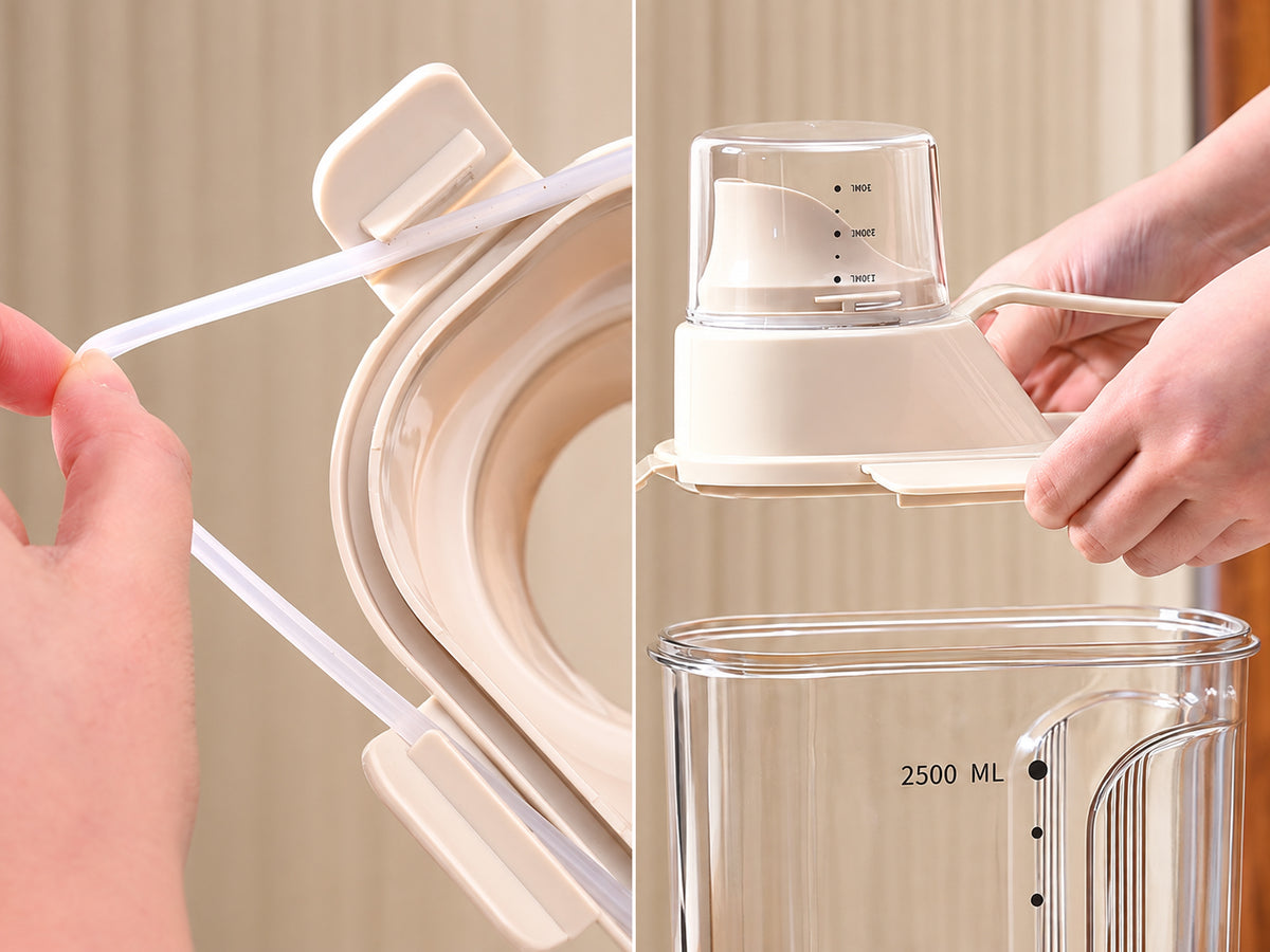 Close-up of a beige and clear plastic container lid and handle being demonstrated by hands, with a 2500 mL clear container visible below.