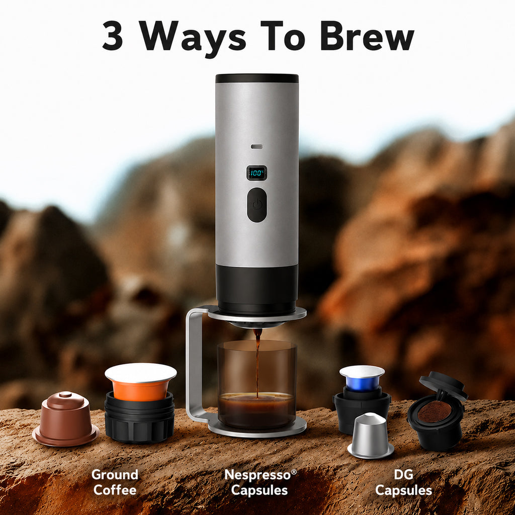 Portable Self-Heating Espresso Maker with 3 Brewing Options for Ground Coffee, Nespresso Capsules and DG Capsules