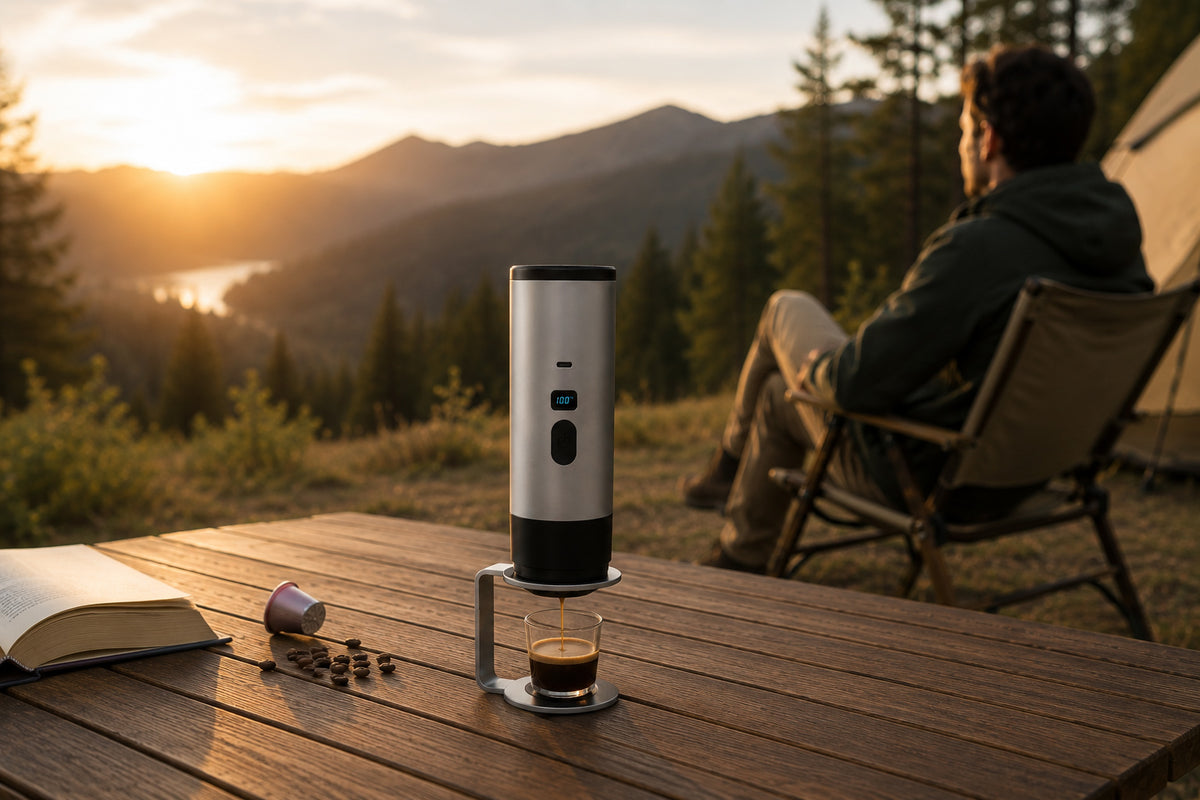 Portable Self-Heating Espresso Maker Brewing Fresh Espresso at a Campsite