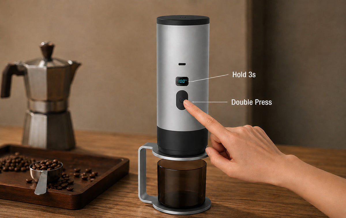 Portable Self-Heating Espresso Maker operation guide showing hold for 3 seconds and double press controls