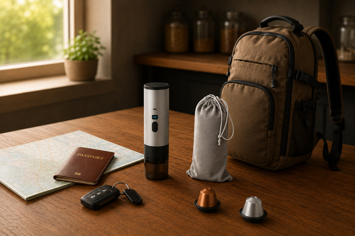 Portable Self-Heating Espresso Maker with travel pouch for coffee on the go