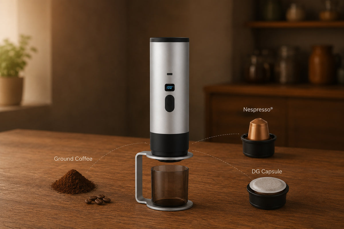 Portable Self-Heating Espresso Maker compatible with ground coffee, Nespresso capsules and DG capsules
