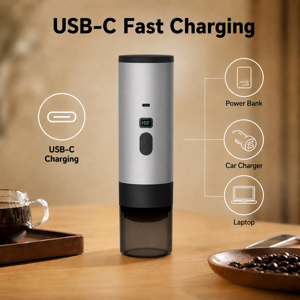 Portable self-heating espresso maker with USB-C fast charging for travel and camping