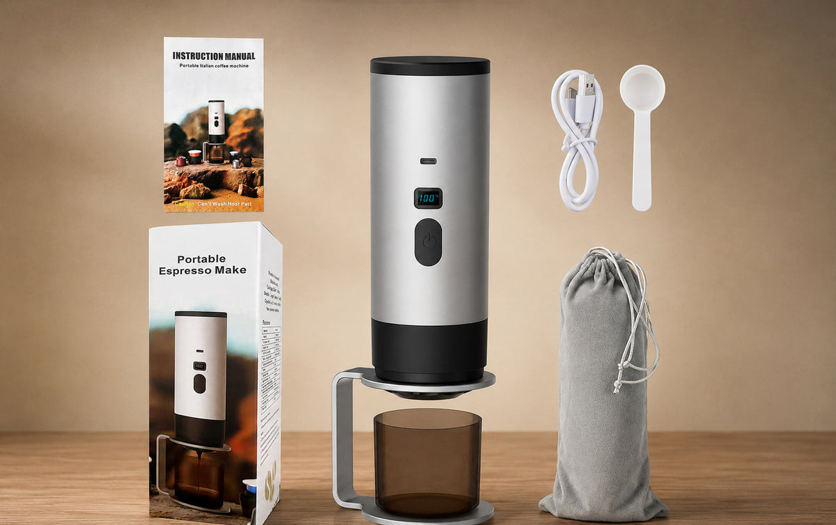 Portable Self-Heating Espresso Maker with cup stand, USB-C charging cable, scoop, travel pouch, user manual and retail box