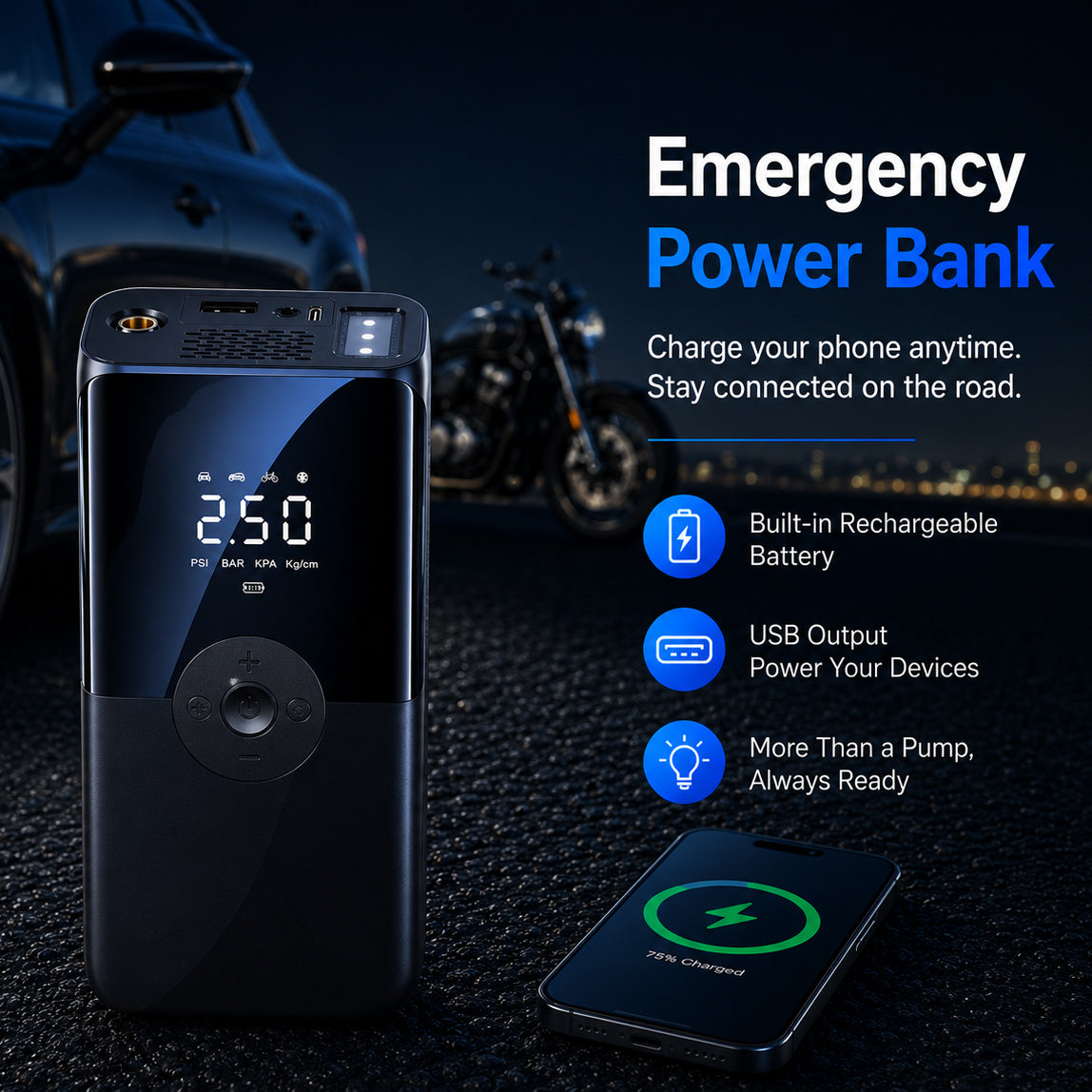 Portable tire inflator with emergency power bank and USB phone charging