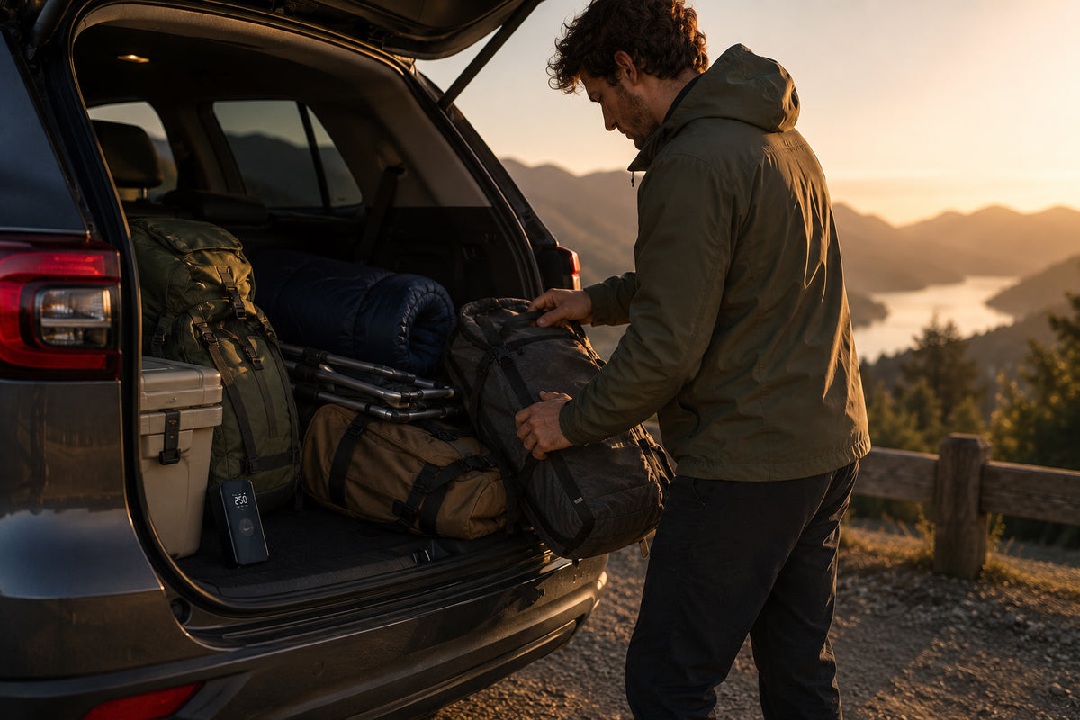 Portable tire inflator stored in an SUV before a road trip