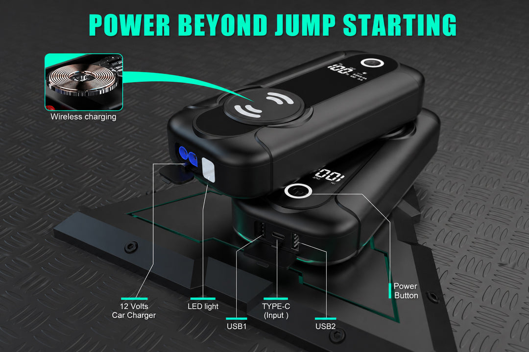 portable jump starter with wireless charging USB outputs and Type-C input