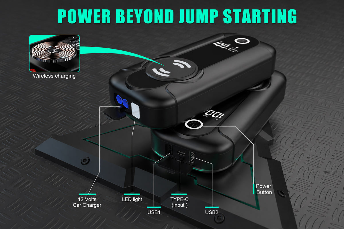 portable jump starter with wireless charging USB outputs and Type-C input
