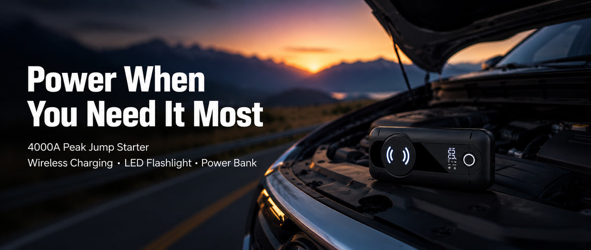 Portable jump starter on a vehicle engine with wireless charging, LED flashlight and emergency starting power for 12V vehicles