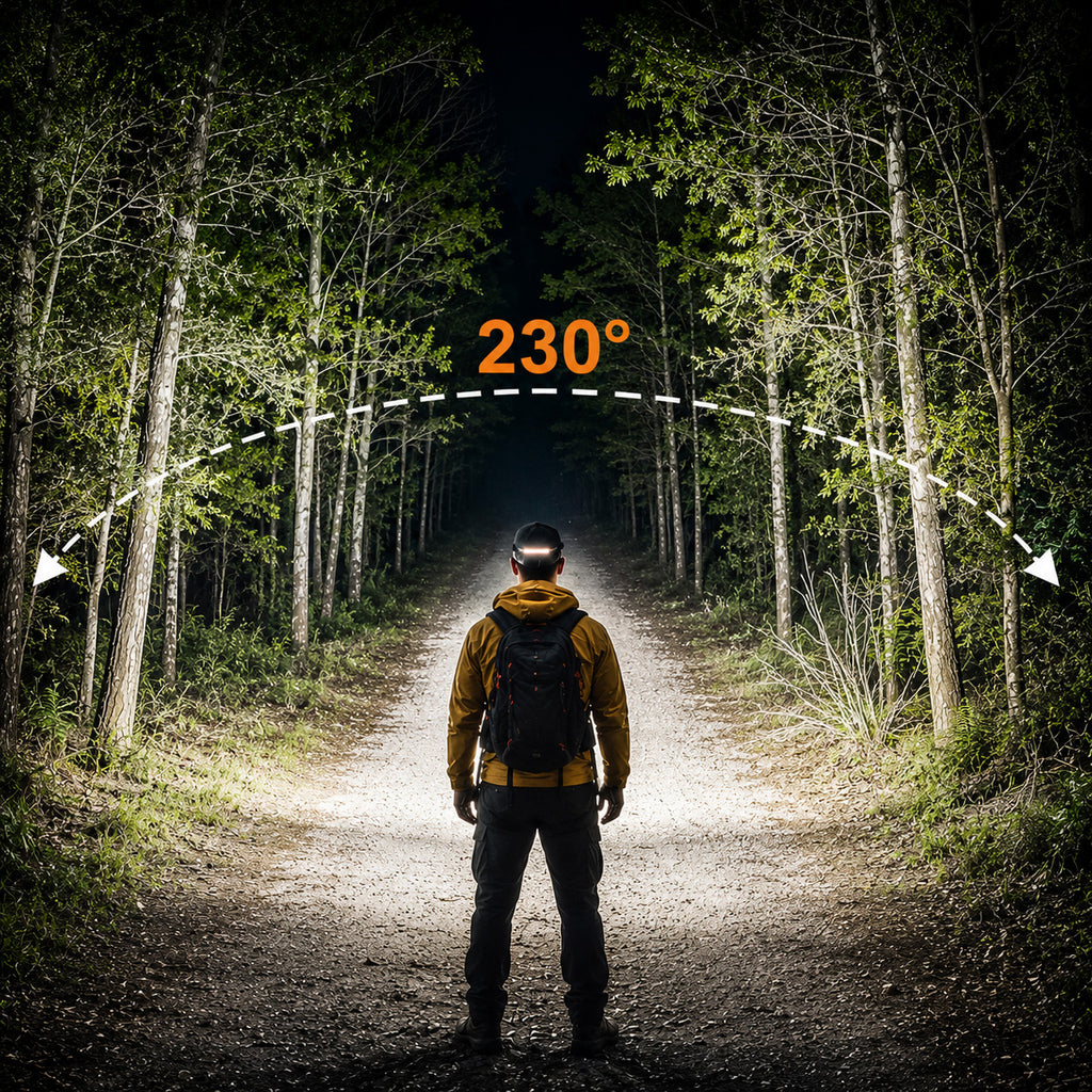 230-degree wide beam rechargeable LED headlamp illuminating a forest trail at night